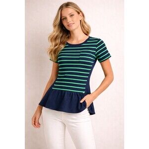 Tommy Hilfiger Striped Peplum Top Navy Green Pocket Short Sleeve Women S
